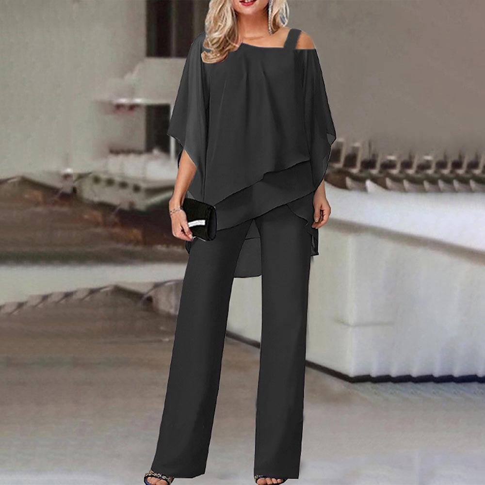 Elegant layered chiffon top and wide-leg trousers set