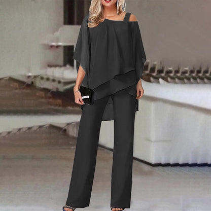 Elegant layered chiffon top and wide-leg trousers set