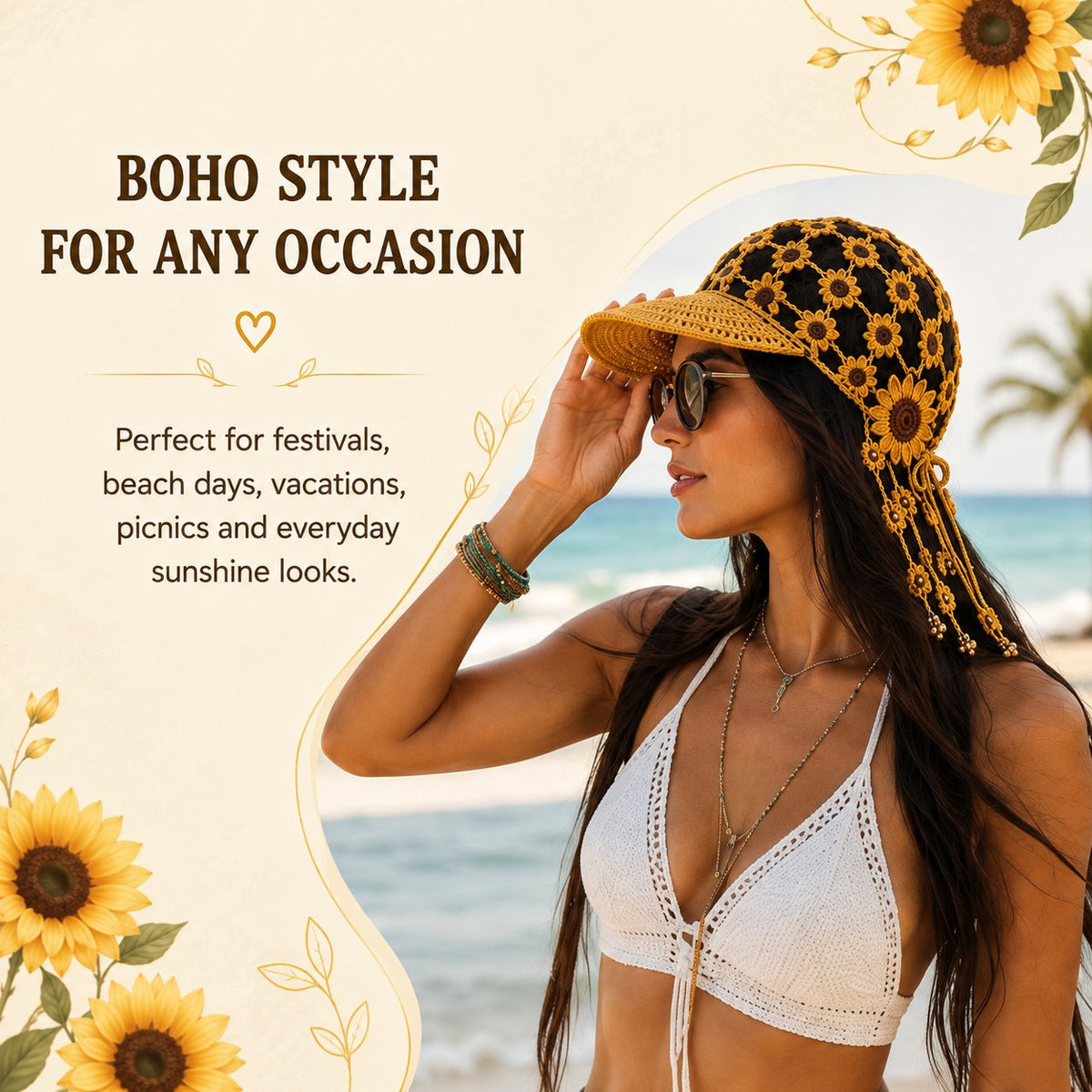Handmade Crochet Sunflower Tassel Bell Hat