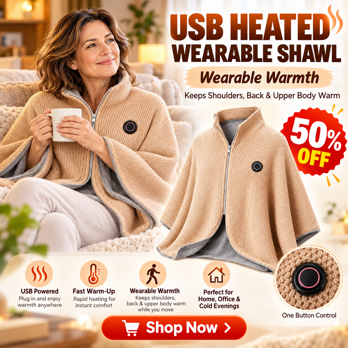 USB-Heated Wearable Shawl for Women