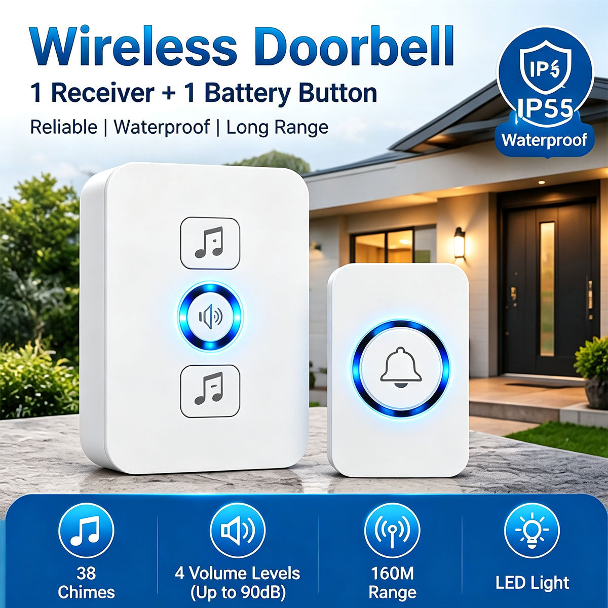 Wireless Doorbell for Home 1 Receiver 1 Button 38 Chimes 4 Volume Levels 160M Long Range