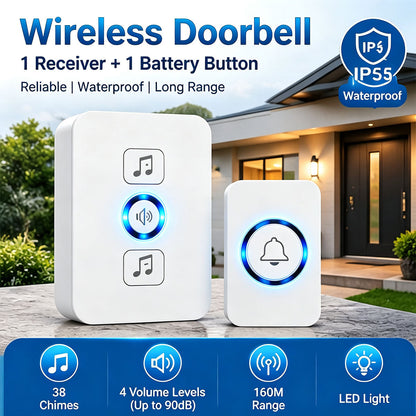 Wireless Doorbell for Home 1 Receiver 1 Button 38 Chimes 4 Volume Levels 160M Long Range