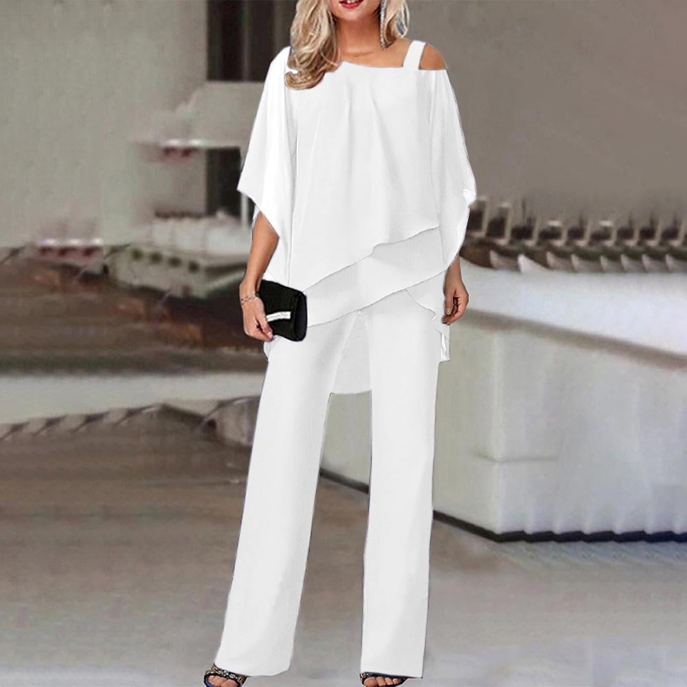 Elegant layered chiffon top and wide-leg trousers set