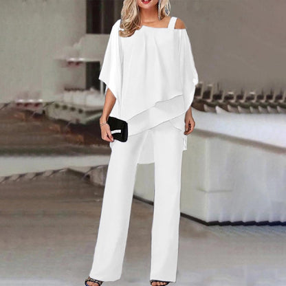 Elegant layered chiffon top and wide-leg trousers set