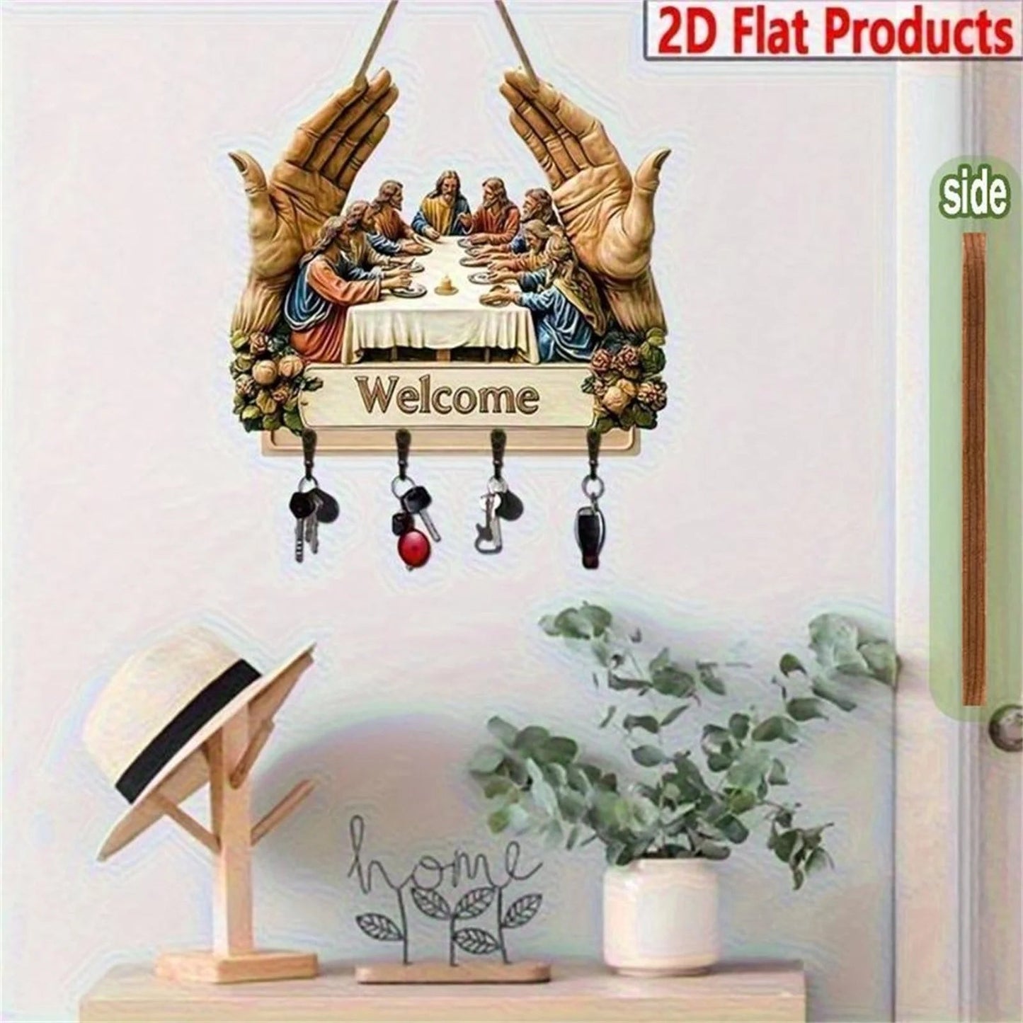 2D Flat Jesus and Disciples Wall Art Keychain, Key Holder Wall Mount with 4 Metal Hooks