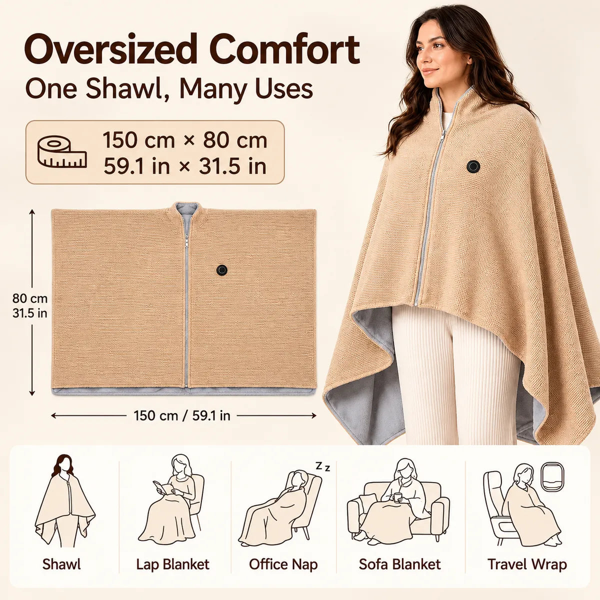 USB-Heated Wearable Shawl for Women