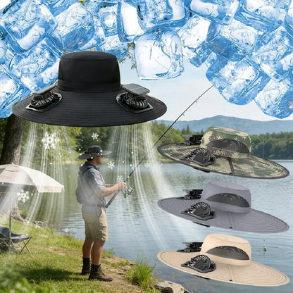 Solar Fan Hat Outdoor Wide Brim Sun Hat with 2 Solar Fan