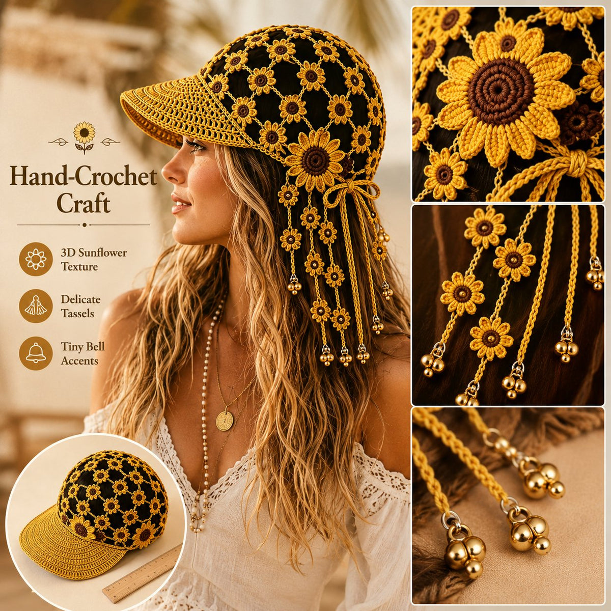 Handmade Crochet Sunflower Tassel Bell Hat