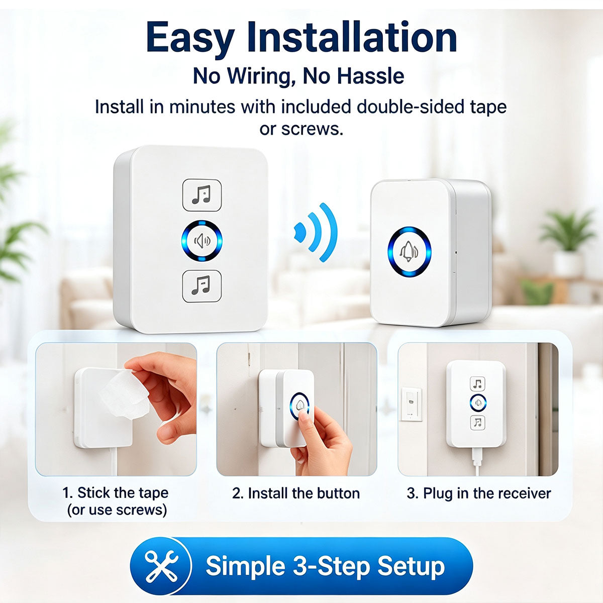 Wireless Doorbell for Home 1 Receiver 1 Button 38 Chimes 4 Volume Levels 160M Long Range