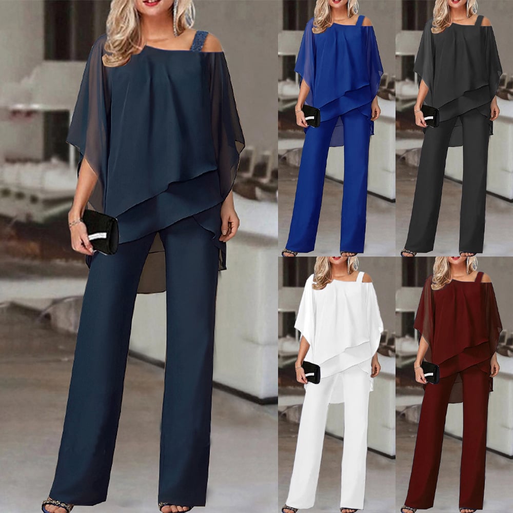 Elegant layered chiffon top and wide-leg trousers set