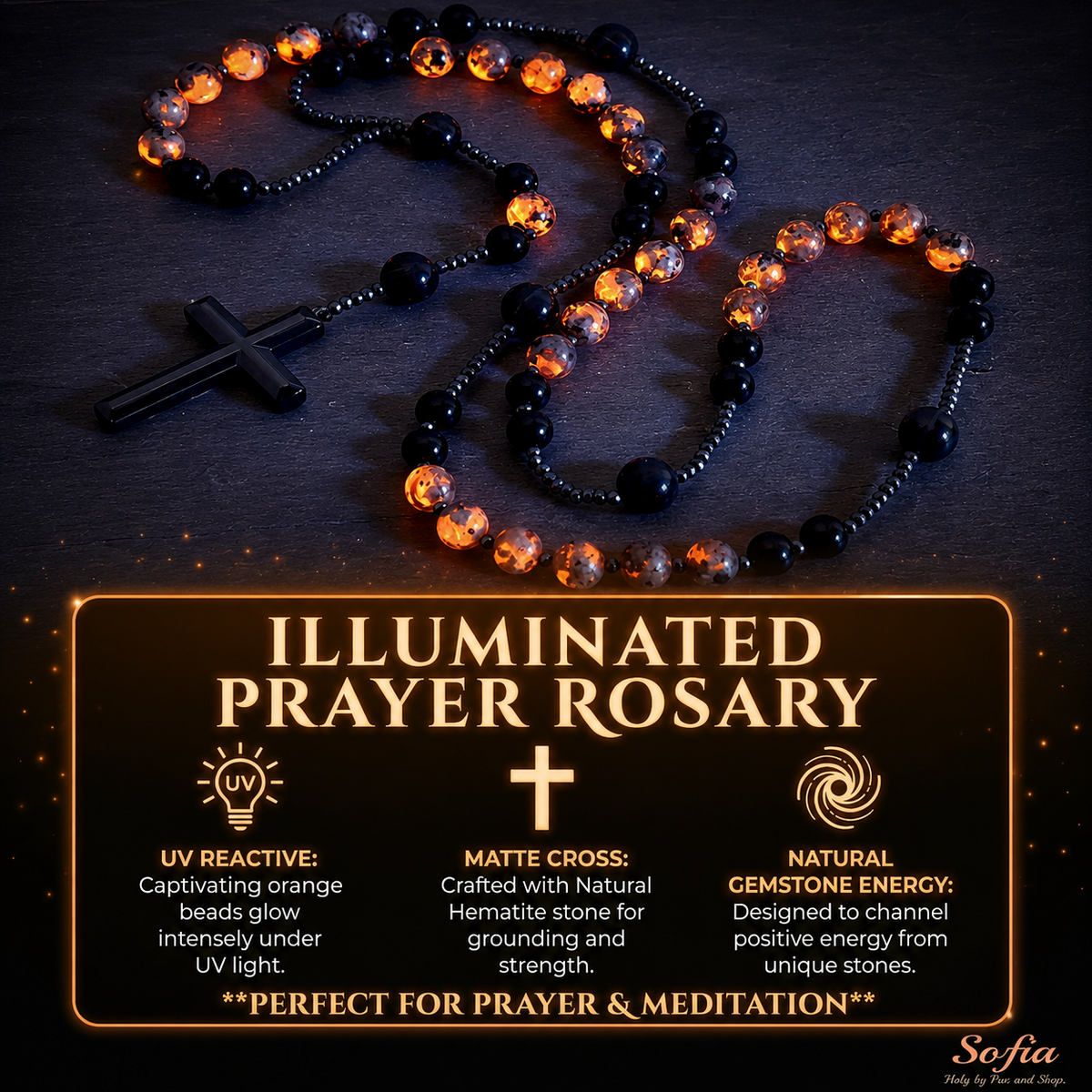 UV Reactive Yooperlite Rosary Necklace with Natural Obsidian Healing Crystal