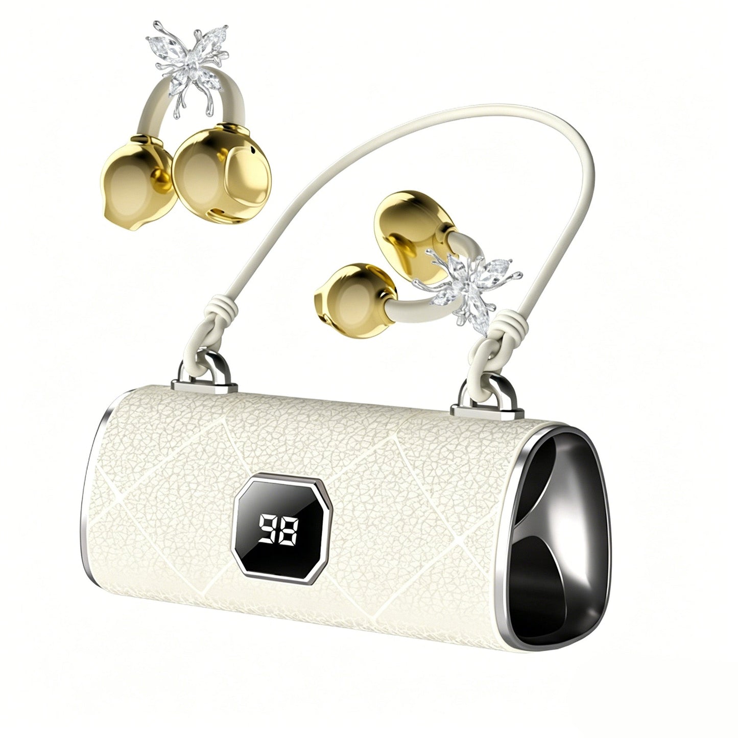 X22 Fashionable Clip On Wireless Headphones-Handbag‑Style Handbag & Butterfly Crystal-Buckle Earrings