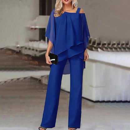 Elegant layered chiffon top and wide-leg trousers set