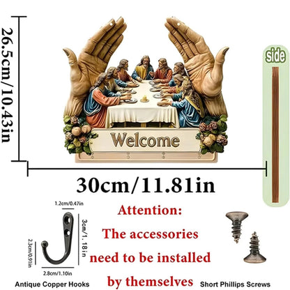2D Flat Jesus and Disciples Wall Art Keychain, Key Holder Wall Mount with 4 Metal Hooks
