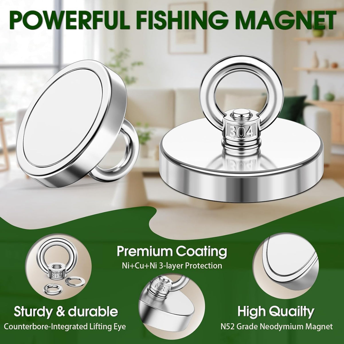 Heavy‑Duty 500 LBS Fishing Magnet with Countersunk Hole