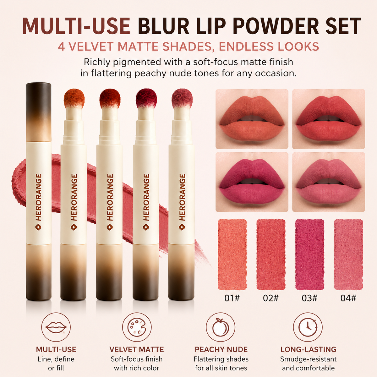 4-Piece Velvet Matte Lip Crayon Set – Waterproof, Kiss-Proof, and Smudge-Proof Lip Makeup Collection