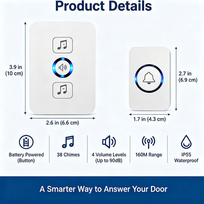 Wireless Doorbell for Home 1 Receiver 1 Button 38 Chimes 4 Volume Levels 160M Long Range