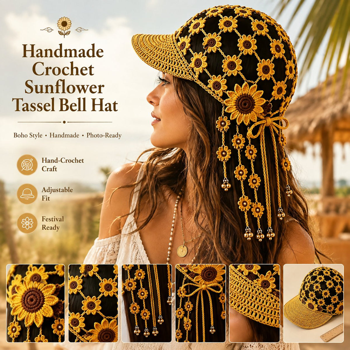 Handmade Crochet Sunflower Tassel Bell Hat