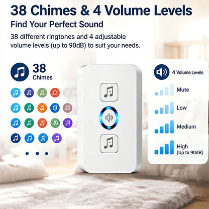 Wireless Doorbell for Home 1 Receiver 1 Button 38 Chimes 4 Volume Levels 160M Long Range