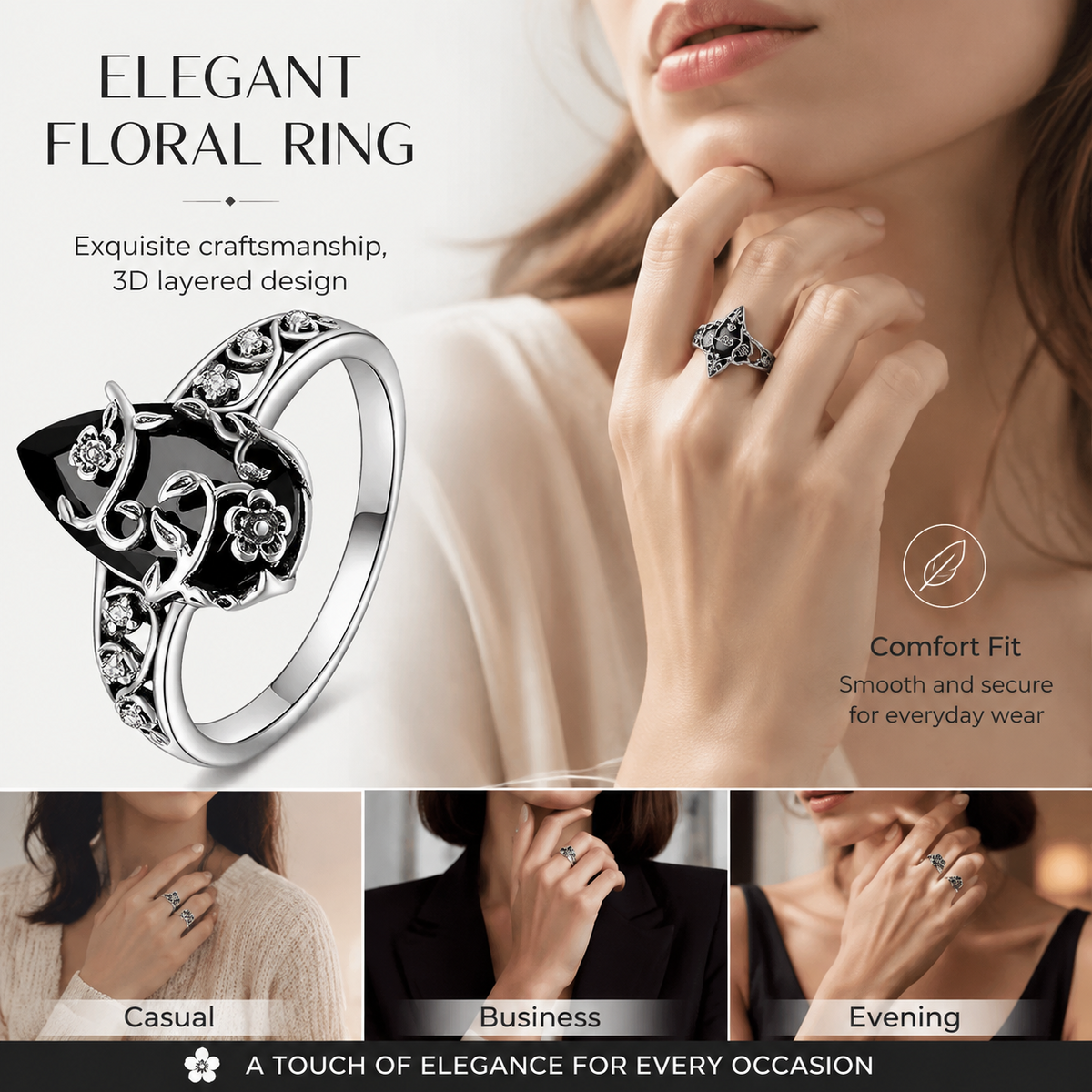 Black Onyx Energy Ring - Floral Vine Teardrop Design
