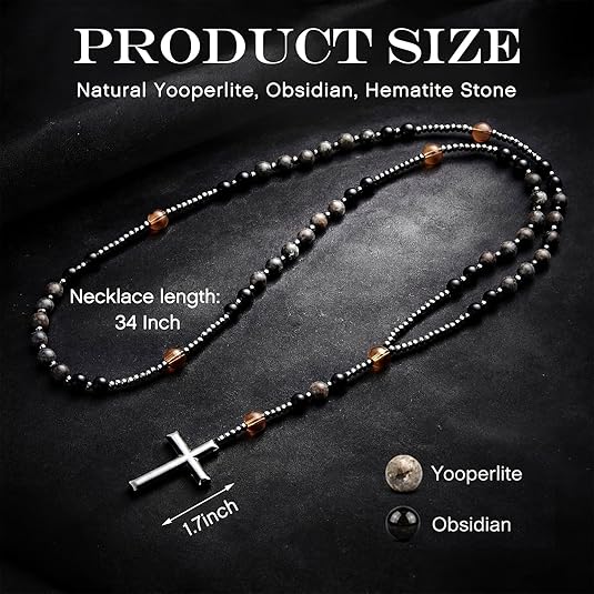 UV Reactive Yooperlite Rosary Necklace with Natural Obsidian Healing Crystal