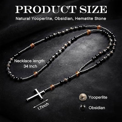 UV Reactive Yooperlite Rosary Necklace with Natural Obsidian Healing Crystal
