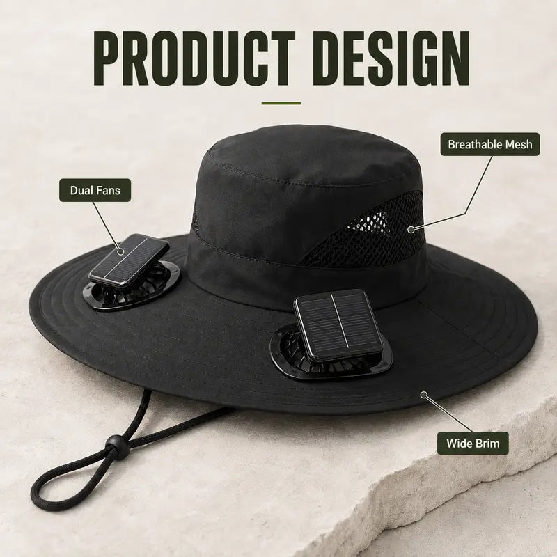 Solar Fan Hat Outdoor Wide Brim Sun Hat with 2 Solar Fan