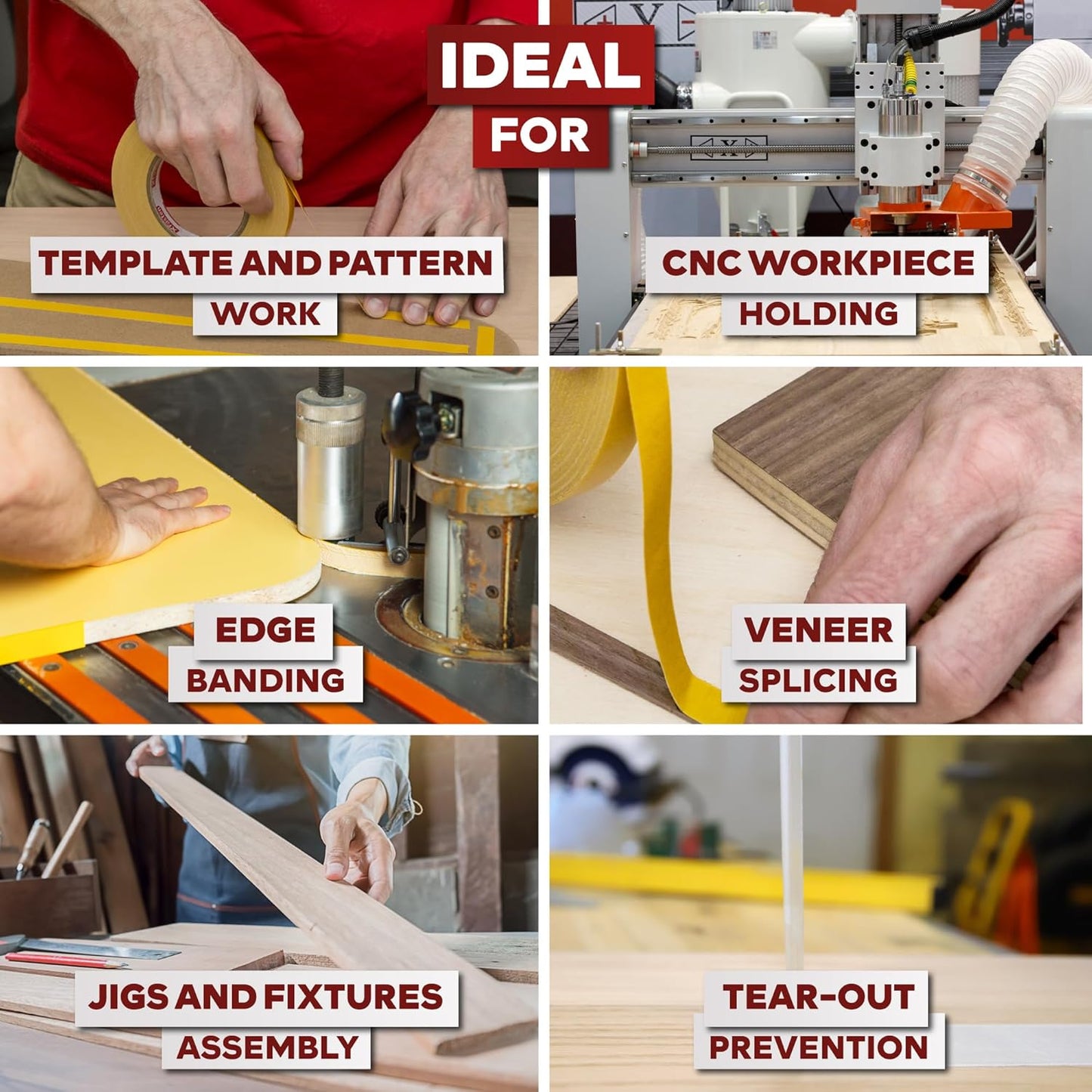 Double Sided Woodworking Multi-purpose Tape w/Yellow Backing 2 In x 33 Ft