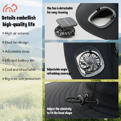 Solar Fan Hat Outdoor Wide Brim Sun Hat with 2 Solar Fan