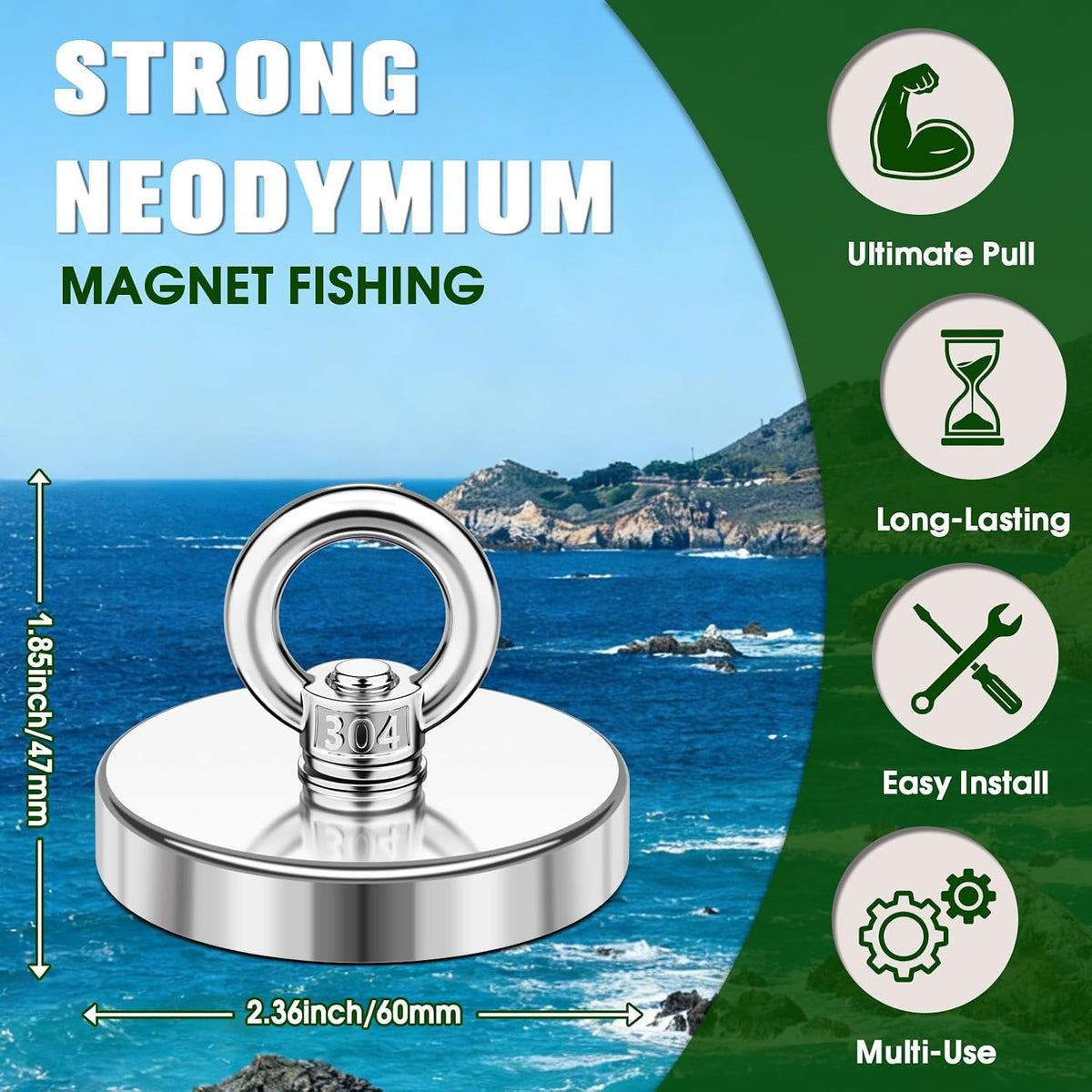 Heavy‑Duty 500 LBS Fishing Magnet with Countersunk Hole