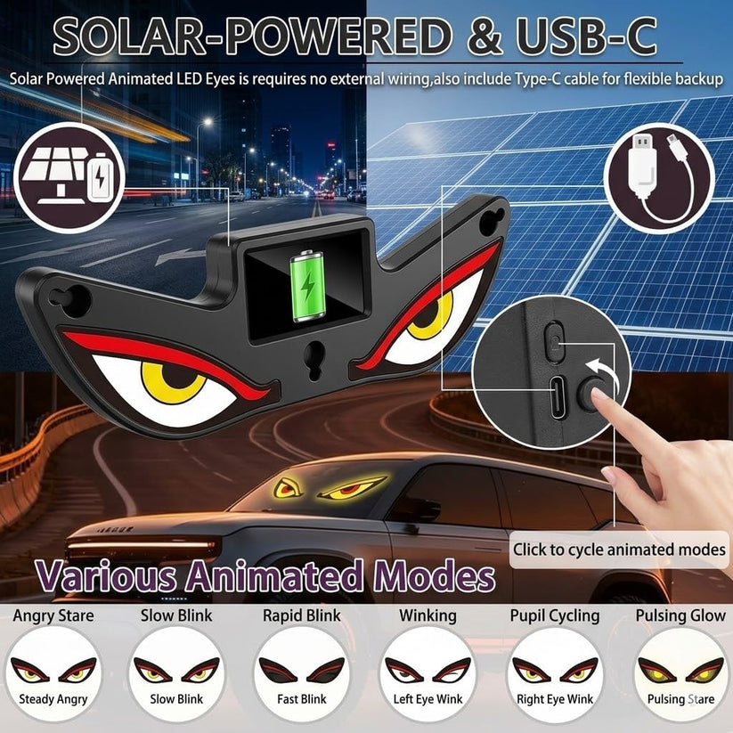 Wireless No Drill Solar and USB Powered Devil Eyes Warning Lights for Cars Windshield Rear Window