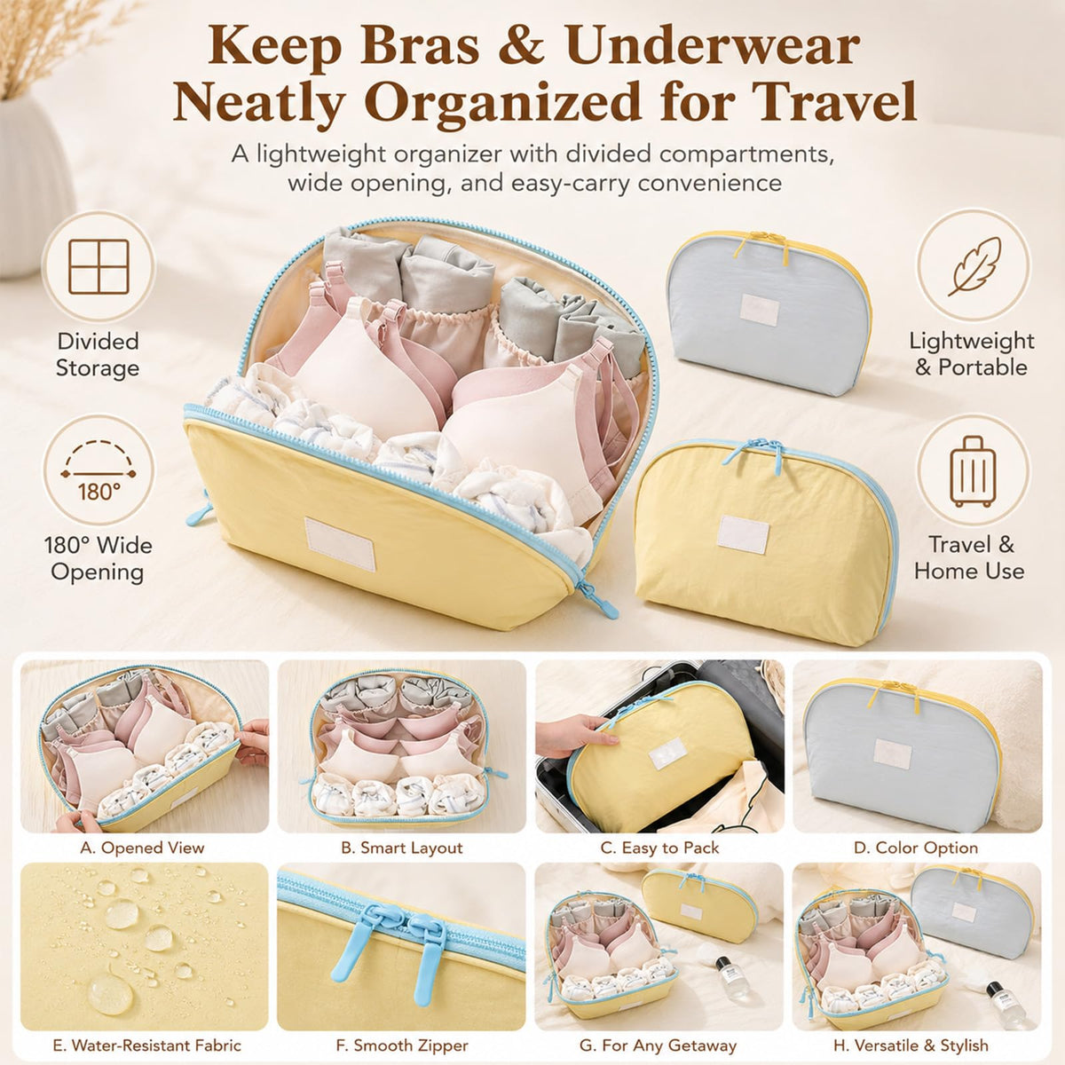2 Pack 3-in-1 Portable Underwear Travel Organizer Bag Undies Storage Case for Women