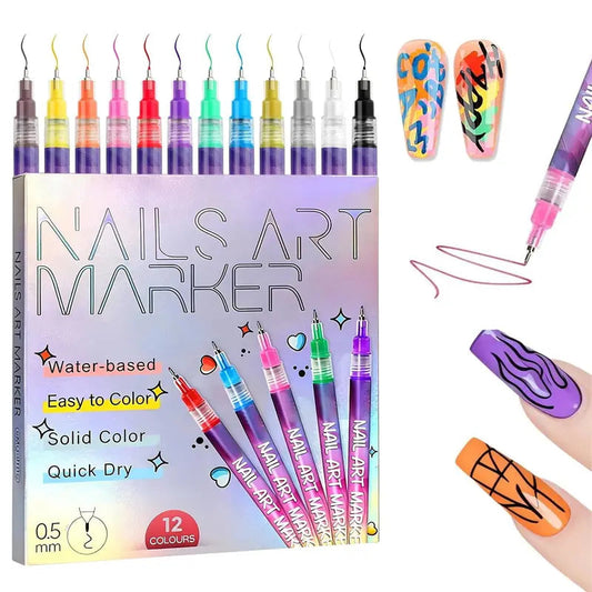 12-Colors Nail Art Pens Set, 0.5mm Fine Tip Acrylic Nail Art Markers