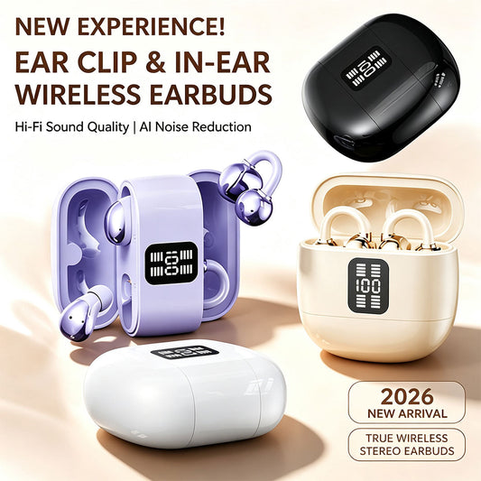 Wireless Clip Earbuds 2-Pack – Open Ear Fit with LED Battery Indicator