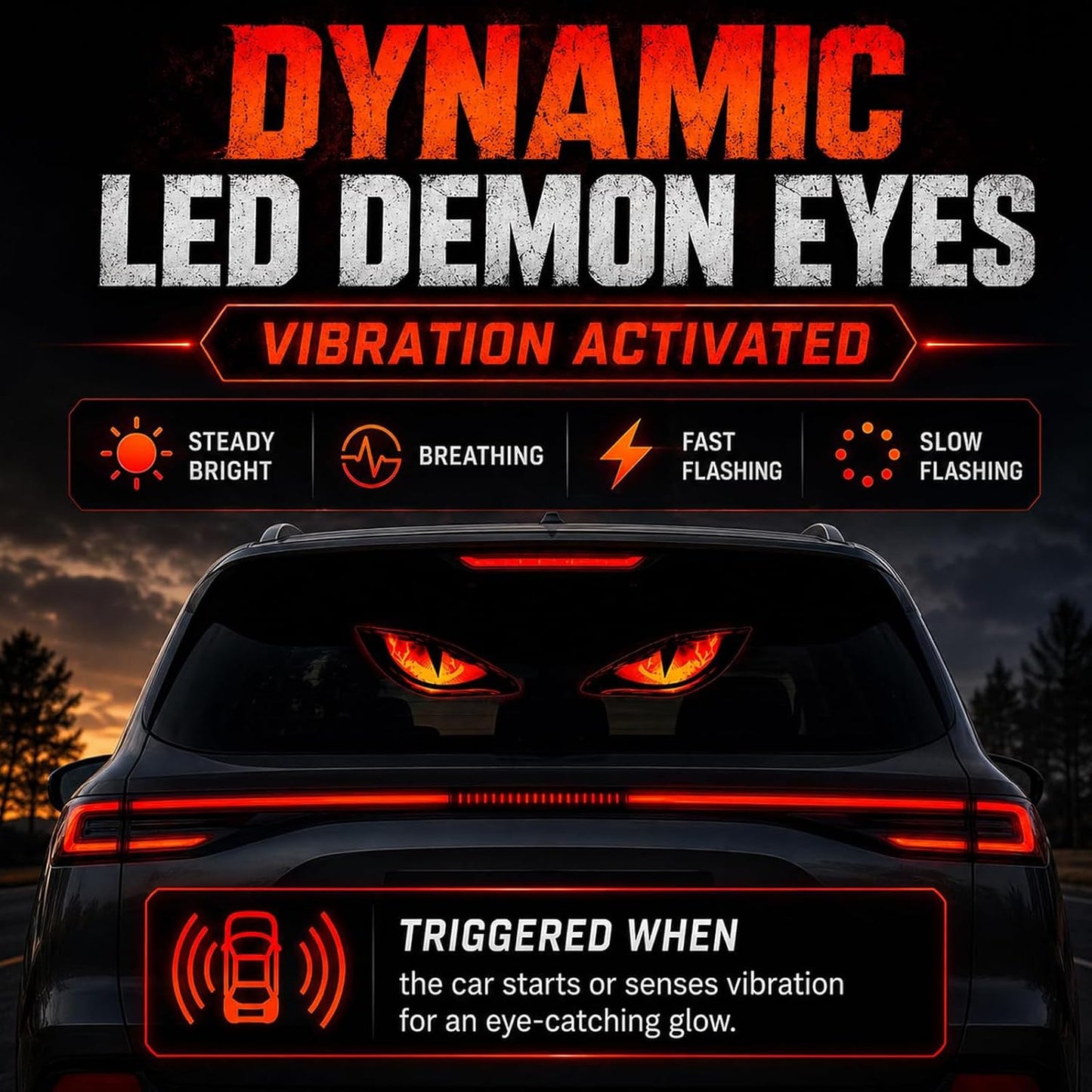 Solar Demon Eye LED Car Window Light, Wireless Demon Eyes Windshield Warning Lamp