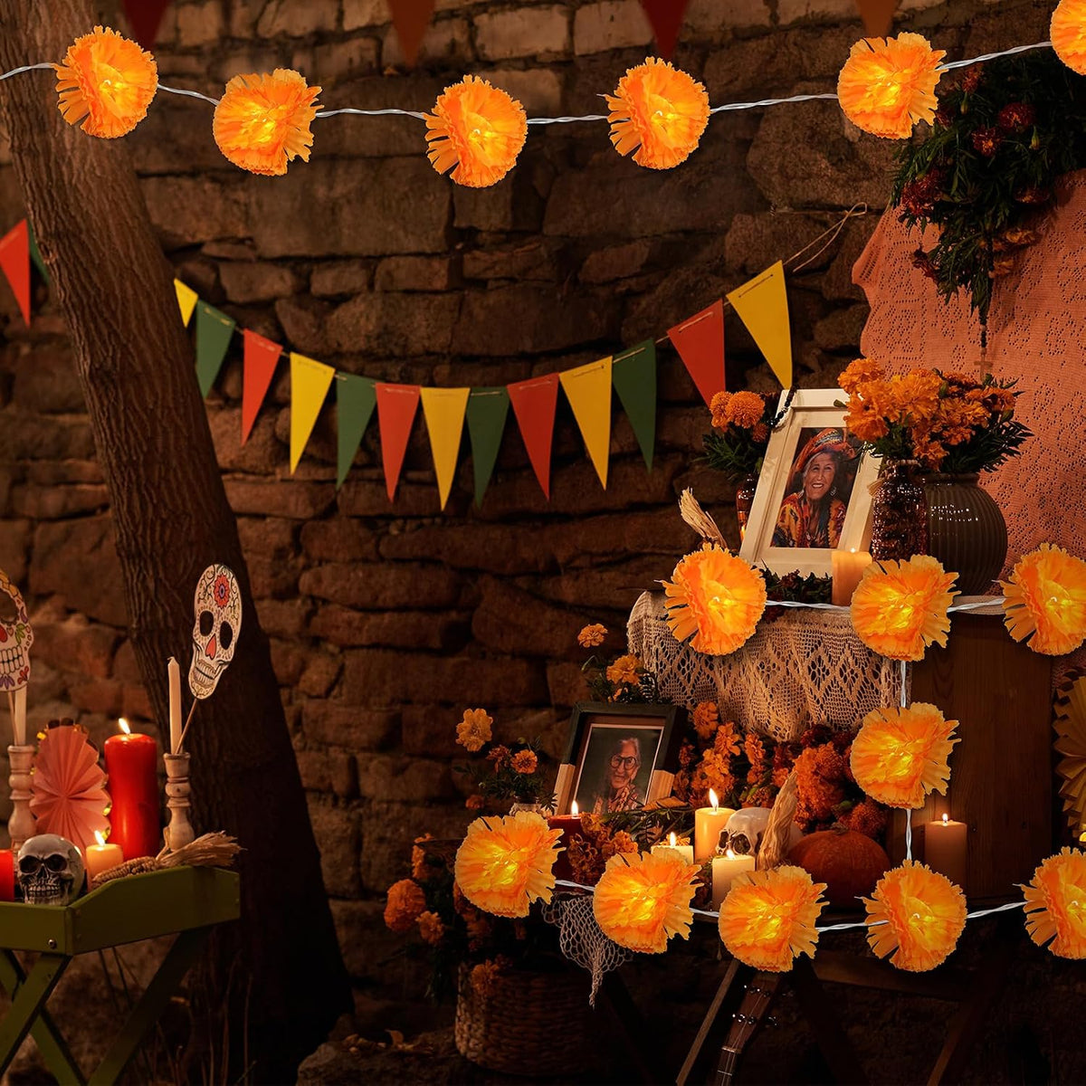 Marigold Garland Lights String for Day of The Dead Decorations 10ft 20 Led
