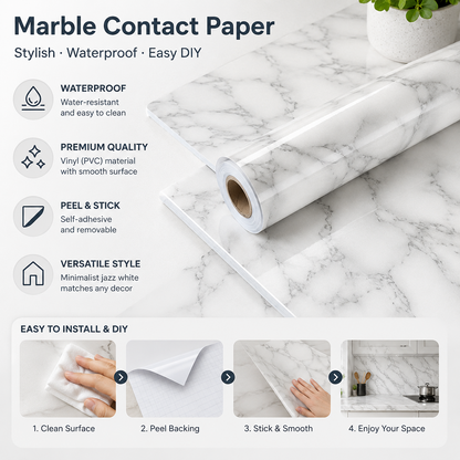 Glossy Marble-Pattern Self-Adhesive Wallpaper—Waterproof and Removable for Cabinets and Bathrooms