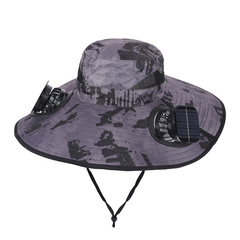 Solar Fan Hat Outdoor Wide Brim Sun Hat with 2 Solar Fan