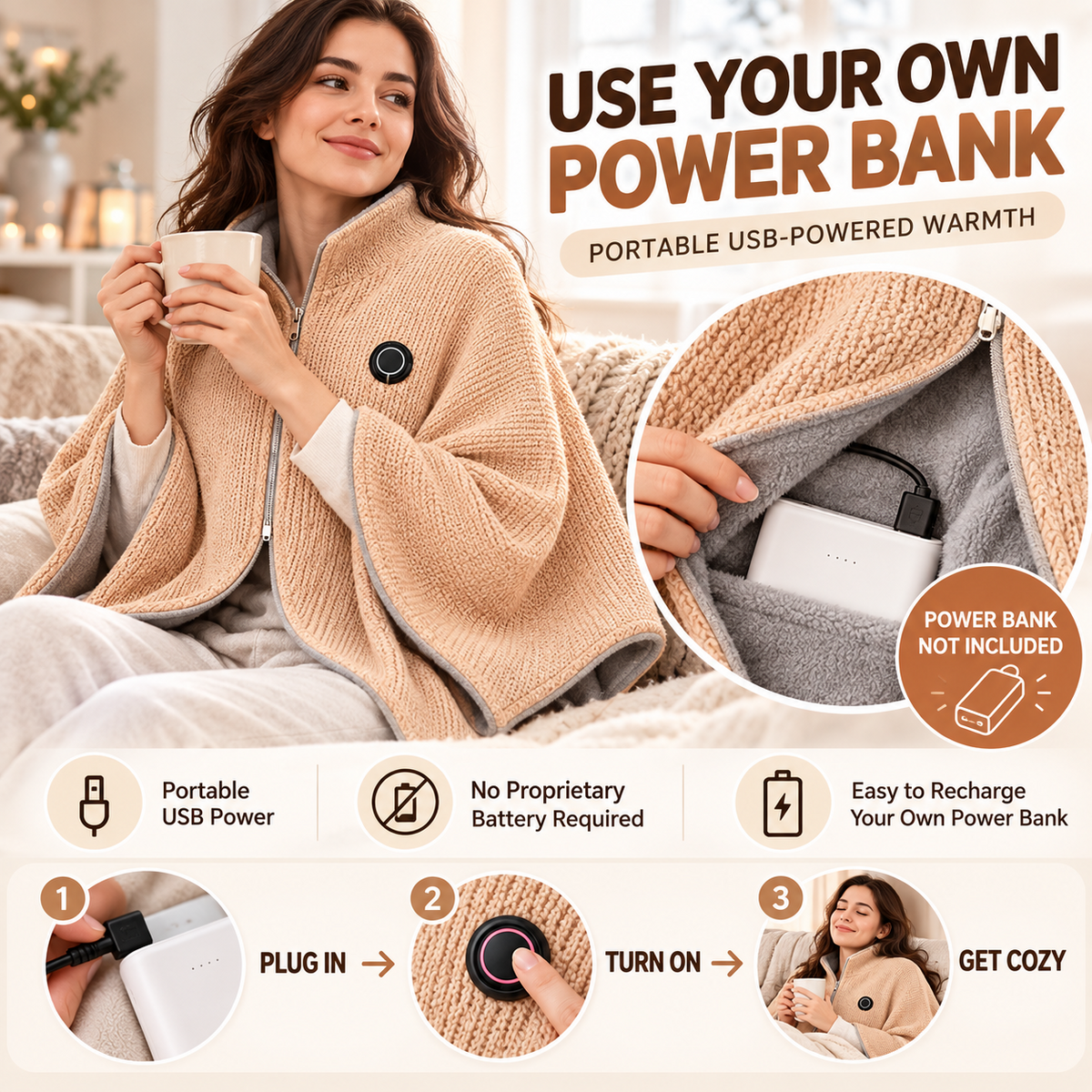 USB-Heated Wearable Shawl for Women