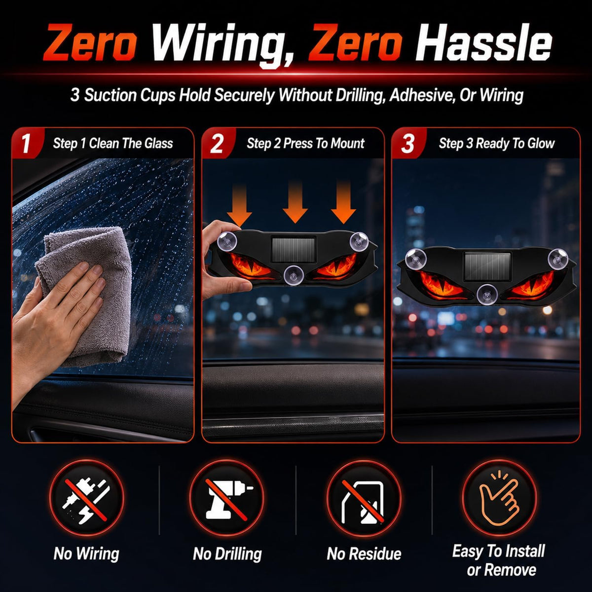 Solar Demon Eye LED Car Window Light, Wireless Demon Eyes Windshield Warning Lamp
