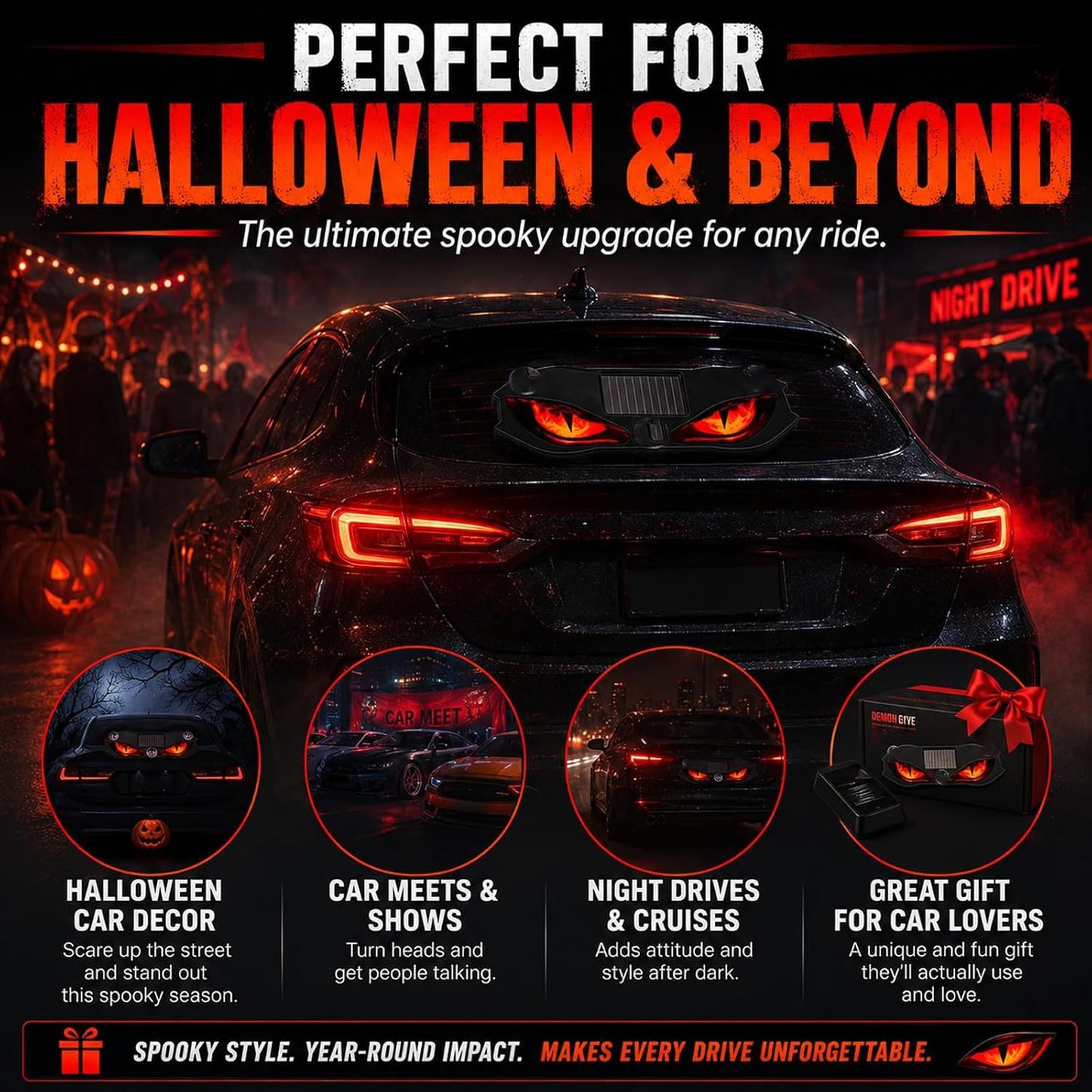 Solar Demon Eye LED Car Window Light, Wireless Demon Eyes Windshield Warning Lamp