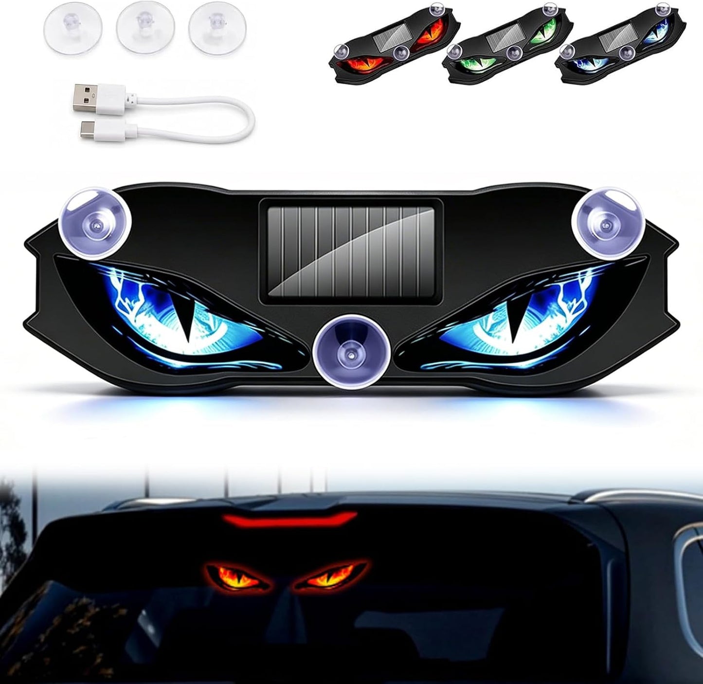 Solar Demon Eye LED Car Window Light, Wireless Demon Eyes Windshield Warning Lamp