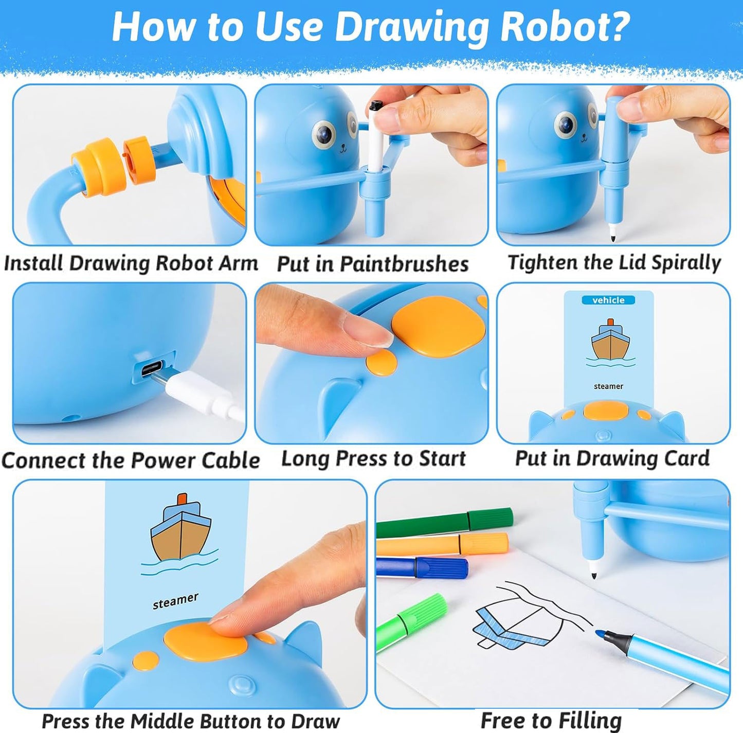 Drawing Robot for Kids - Doodle Bot Toy with 100 Word Cards & 16 Color Pens