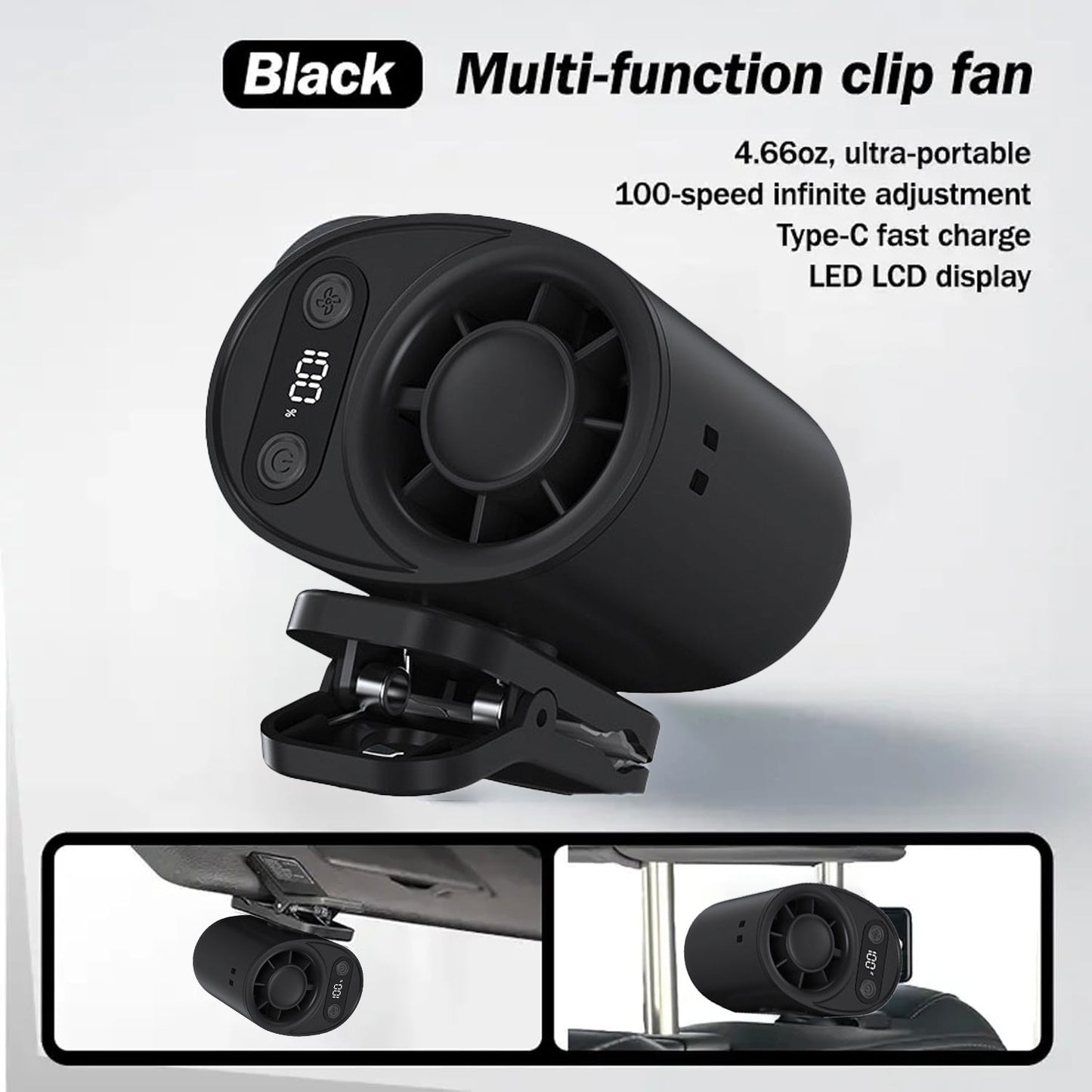 Car Clip on Fan with LED Display -360° Rotation, 100 Speeds Adjustable, USB Rechargeable