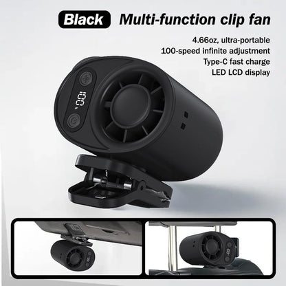 Car Clip on Fan with LED Display -360° Rotation, 100 Speeds Adjustable, USB Rechargeable