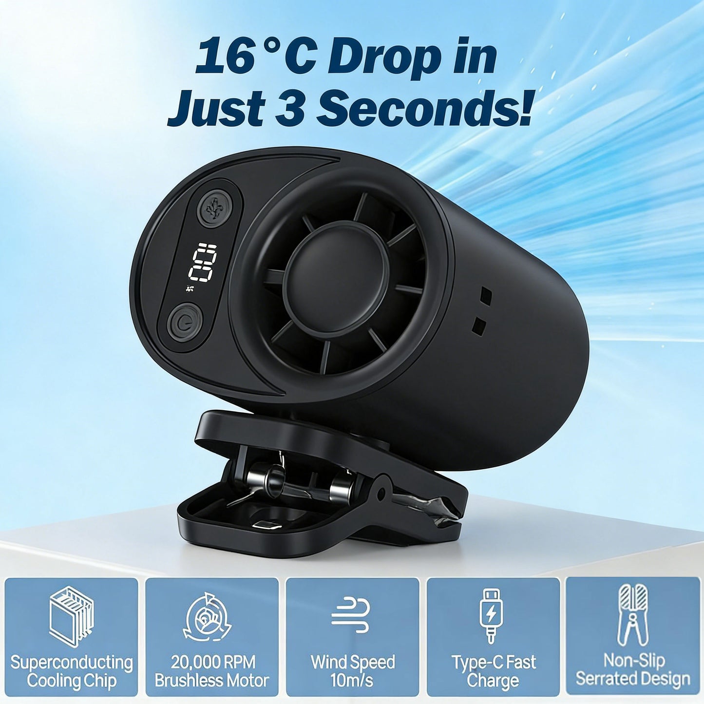 Car Clip on Fan with LED Display -360° Rotation, 100 Speeds Adjustable, USB Rechargeable