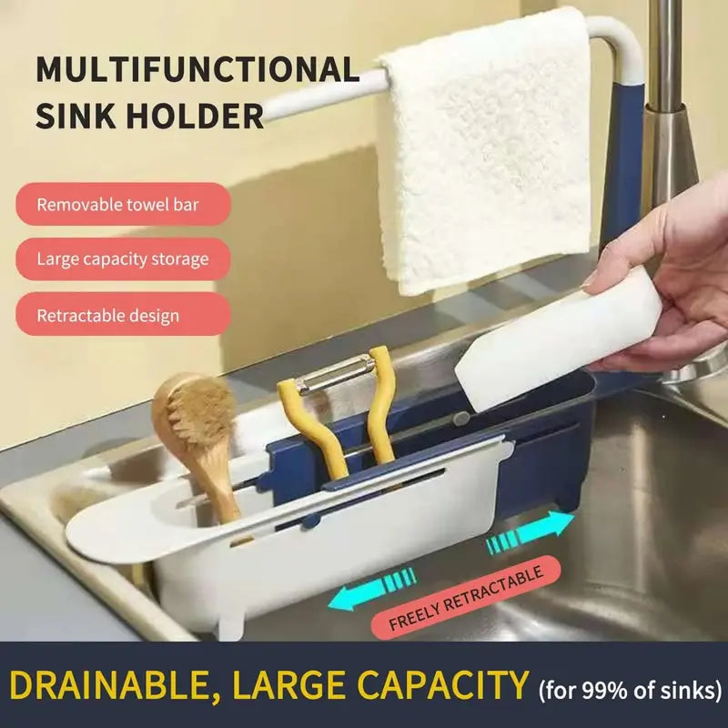 Adjustable Telescopic Sink Organizer with Cloth Hanging Rod