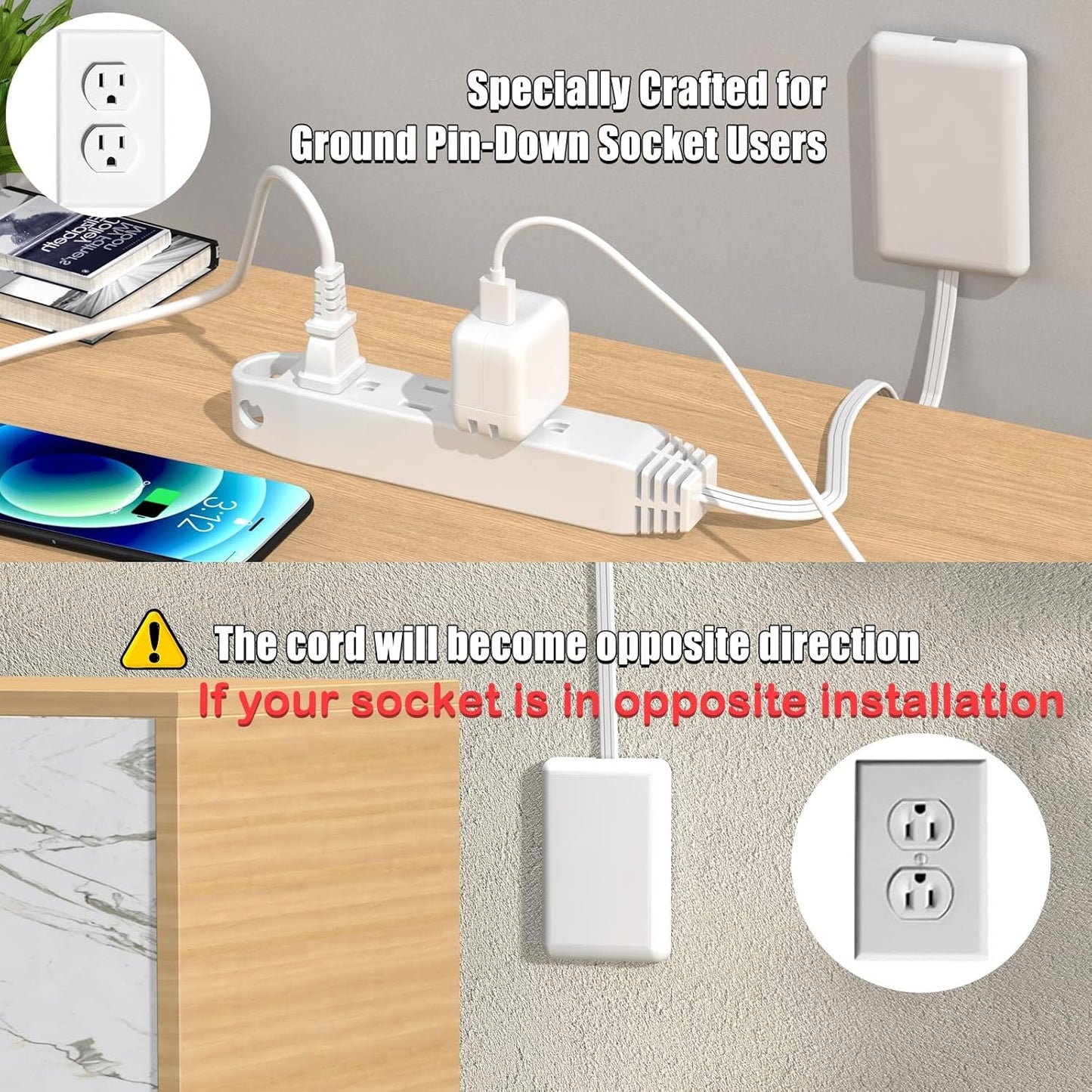 Ultra-Thin Plug Power Strip Extension Cord with 3 Outlets