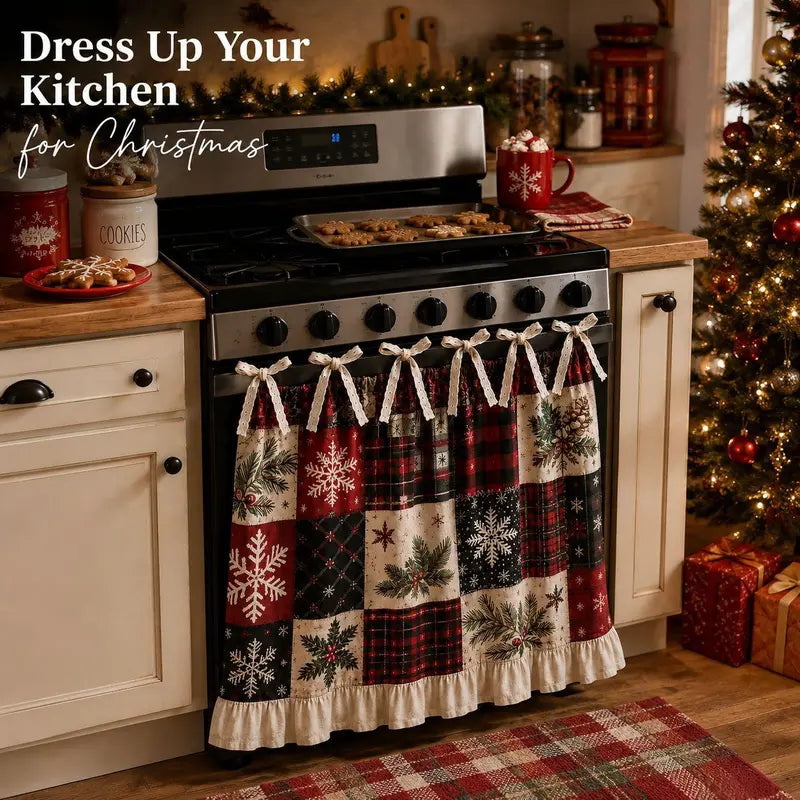Christmas Stove Skirt, Patchwork Oven Curtain with Ruffled Trim and Bow Tie Accents