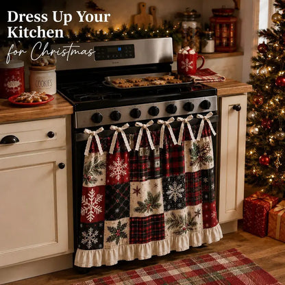 Christmas Stove Skirt, Patchwork Oven Curtain with Ruffled Trim and Bow Tie Accents